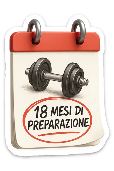 foglio di calendario con manubri da palestra disegnati e la scritta a penna "18 MESI DI PREPARAZIONE" CERCHIATA IN ROSSO, FALLO MOLTO REALISTICO IN 3D sticker