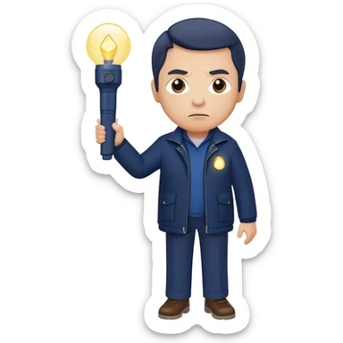 Security, Middle-aged, wearing navy blue jacket, serious facial expression, holding flashlight, full body sticker