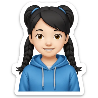 10 year old girl emoji, black hair in pigtails, wearing a hoodie, playful smile sticker