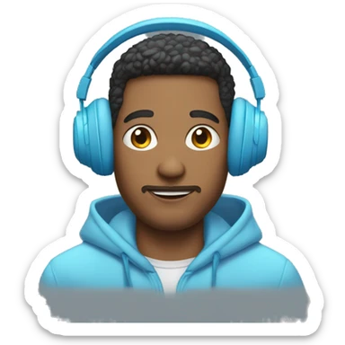 Man in Light blue Hoodie with light blue headphones in Front of Disk Jokey sticker