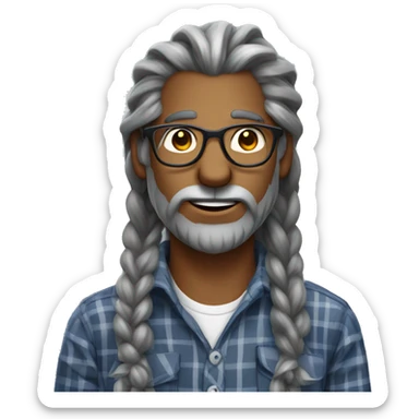 Gray warewolf man with long gray braids with glasses and plaid shirt sticker