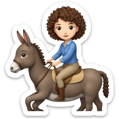 cute woman short tight curly brown hair riding an gentle donkey sticker