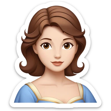 Cinematic Timeless Belle Portrait Emoji, rendered in a clean, vector style. Depict Belle with fair, luminous skin, beautifully arranged brown hair, and a serene, graceful expression, dressed in her classic attire. The design features bold, simplified shapes, a soft, enchanting glow, and a subtle glowing outline, capturing the essence of pure, timeless beauty. sticker