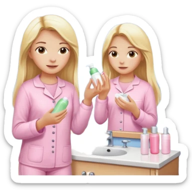 A girl in a light pink pajama is taking care of her skin, doing skincare routines in the bathroom in front of the mirror. Her hair is long, blonde, and straight. sticker