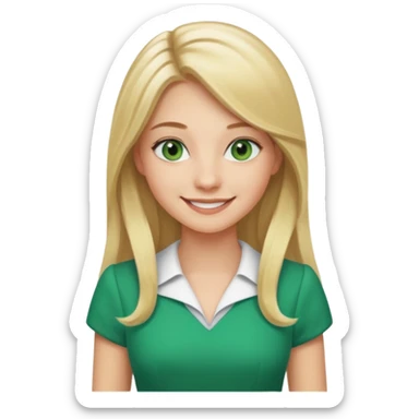 long blonde hair, real estate broker, 20 years old with a smile, green eyes, cute corporate dress sticker