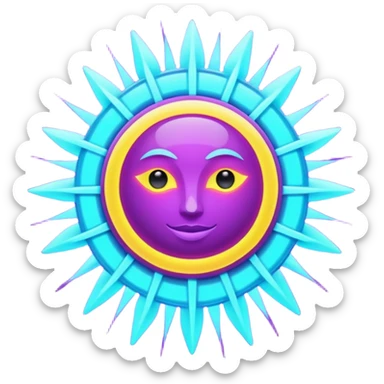 Futuristic glowing sun, neon rays, bright holographic purple and cyan glow, dark background, digital tech style sticker