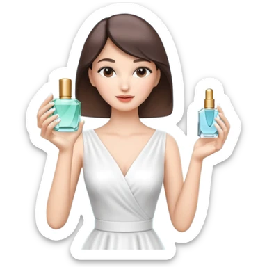 stylish woman spraying perfume, holding a perfume bottle, soft mist spray in the air, elegant pose, 3D cartoon, mobile game icon style, clean background, no text, no watermark

 sticker