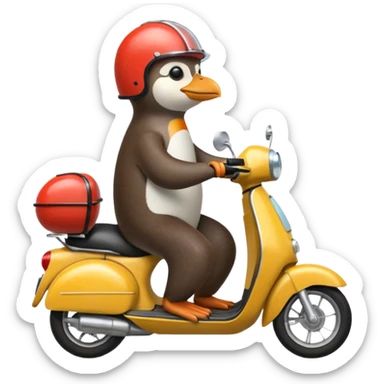 Penguin driving moped with otter sticker