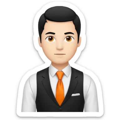 groom in white vest, orange tie, black hair sticker