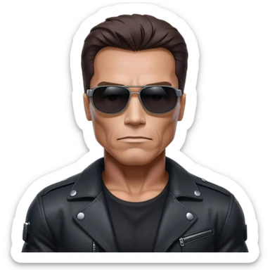 Schwarzenegger-like Terminator, upper body only, wearing his iconic clothes in black (all clothes must be black), looking human but with robotic details, and wearing dark sunglasses, hair must be dark
 sticker