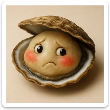 A cute oyster with an embarrassed expression, red cheeks, looking sideways, photorealistic style. sticker