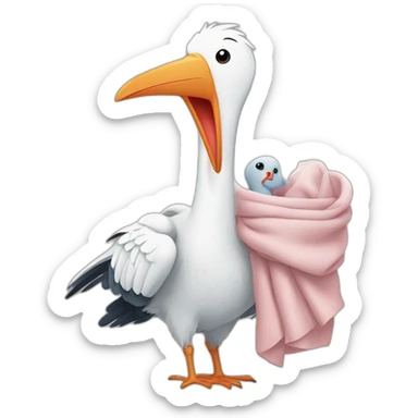  white stork carrying a bundle of cloth in its beak that has a human baby with dark hair and the baby face is peeking out from the cloths bundle the strok is carrying sticker