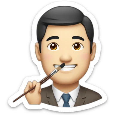 Japanese uncle with a thick round face, slightly droopy eyes, thin eyebrows, large head, cute dark brown hair, holding a brush and pencil, smiling sticker