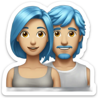 Tall male with blonde eyes and blue hair with short brunette girl with long hair sticker