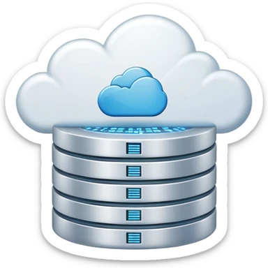 An icon featuring a database server, stacked data disks, and a cloud symbol, representing databases. The design includes binary code, a data structure diagram, and network connections, symbolizing data storage, management, and organization. Transparent background sticker