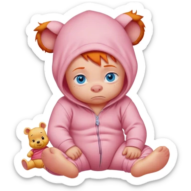 Grumpy ginger baby with blue eyes in onesie with Winnie the Pooh and Piglet on it sticker