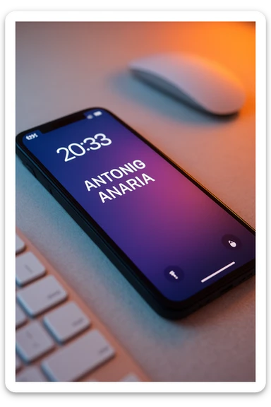 A photo of an iPhone on the desk with the message "Antonio Anania" on its screen, The phone sits atop a desk with a blurred background that suggests work environment. A faint glow from above casts gentle shadows across the surface of each object, creating depth and highlighting their textures sticker
