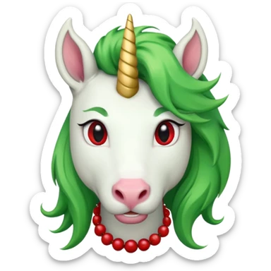 white furred unicorn with green hair and big red earrings looking into camera and big horn sticker