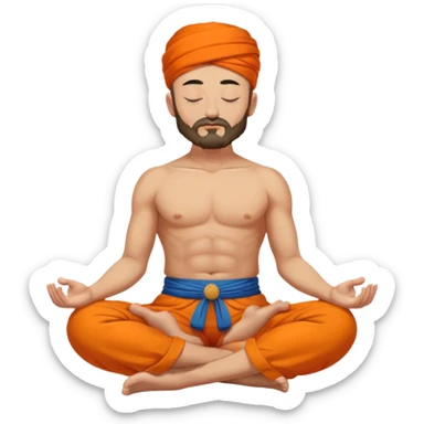 cossack men meditating closed eyes, bold head bare torso, Shikha on the top of the head, orange cossack sharovary pants sticker