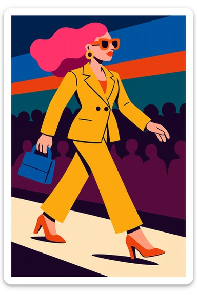 fashionable woman in motion, walking on a catwalk, horizontal scene, stylish outfit, animated style sticker