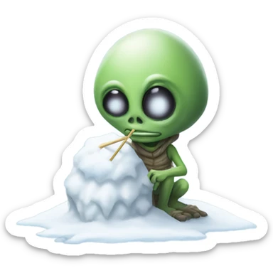 alien holding a small straw next to a mound of snow sticker