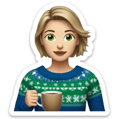 Light brown short haired girl with green eyes drinking coffee wearing blue Christmas sweater sticker