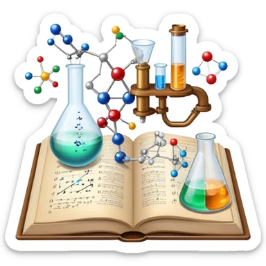 Icon for Scientific and Educational Reading: an open book with mathematical and physical formulas on the pages, with molecules and atoms flying out. On the desk are test tubes, flasks, and a microscope. Transparent background. sticker