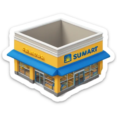 “Walmart store with a simple, recognizable design, featuring the iconic sunburst logo, blue and yellow color scheme, and storefront details that convey a large retail environment.” sticker