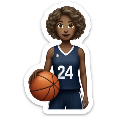  wavy soft hair female wearing navy blue basketball jersey that has the number 24 & holding a basketball sticker