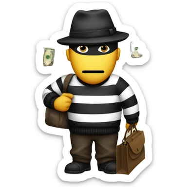 a robber in a striped sweater, with a mask on his face, in a hat and with a bag with a dollar sign drawn on it sticker