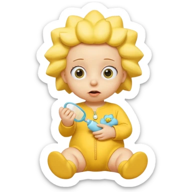 A 3D cartoon baby character yellow, yellow skin, styled like Maggie Simpson, with pacifier, yellow onesie, big eyes, smooth shading, Memoji-style rendering, consistent with other yellow Simpsons characters. sticker