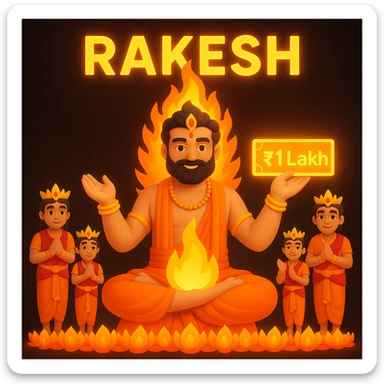 Add the name 'Rakesh' above the deity and a glowing 1 lakh check in his hand, keeping the fire, five respectful team members, and divine theme. Ensure name and check are easy to read and glowing. sticker