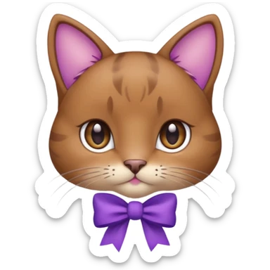 Brown kitty with a one purple bow on the side of her ear sticker