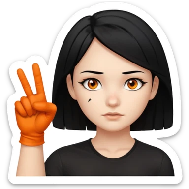 Girl with Black hair , scars on her nose to her left cheeks,orange eyes, withe shirt, pointing at you , with black gloves  sticker