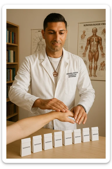 a middle-aged man in a calm, well-lit studio, wearing casual professional attire, performs a classic muscle test on a client’s outstretched arm. On a nearby table, there are small envelopes or vials labeled “testimone” representing samples or objects connected to a distant person. The atmosphere is focused and serene, with books and charts about kinesiological techniques in the background. sticker