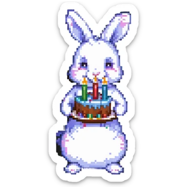rabbit blowing out birthday cake candles, pixel art style sticker