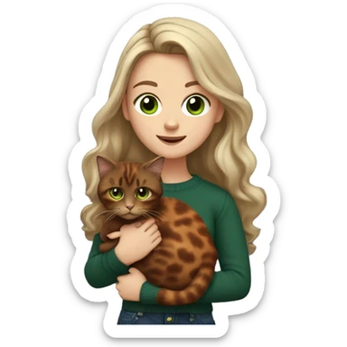 White girl with green eyes and long wavy brown hair holding a tortoiseshell cat and wearing a dark red sweater with dark jeans sticker