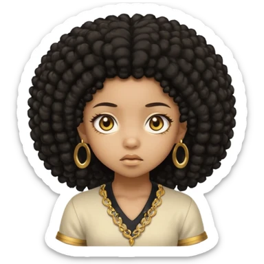 Create a black chibi girl with long afro hair and beautiful gold eyes give her a confusing expression  sticker