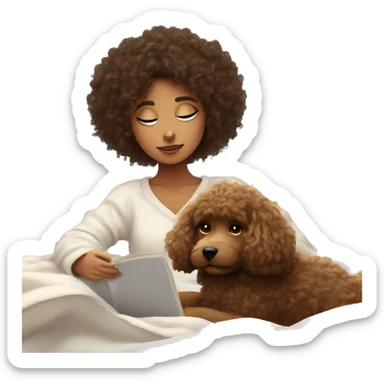 Curly haired girl studying aesthetic with her dog under fluffy blanket sticker