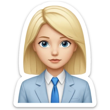 une femme blonde jolie avec des jolies traits avec une chemise blanche et une veste a manche longues et cravate bleu sticker