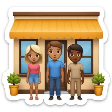 2 grown  2D line-drawn characters + small shop sticker