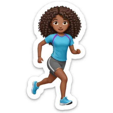 Uma boneca morena escura com olhos castanhos e cabelo cacheado longo até o peito, treinando correndo sticker