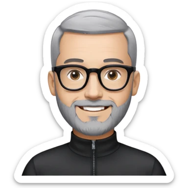Man with light skin, buzz cut black hair, short peppered gray beard, large black-framed glasses, smiling face, black long sleeve athletic shirt with zippered high neck sticker