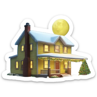 A yellow siding with brick base house decorated for Christmas at night with the moon shining sticker