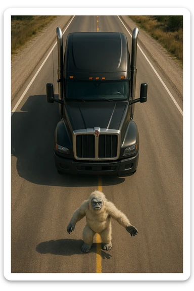 Make the scene more realistic: a tiny abominable snowman on a long road in front of a black 2026 Kenworth W680 flat top semi sleeper, top-down view, realistic style, no text. sticker