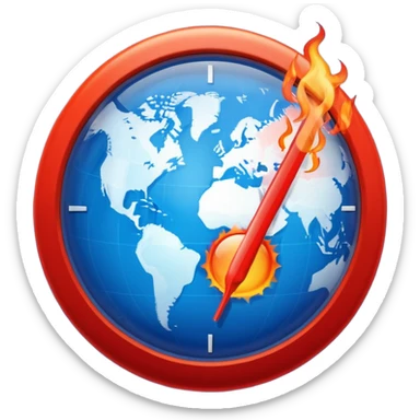Blue Earth sphere, tilted. Prominent, oversized, fiery red thermometer/gauge, embedded. Indicator peaking 'danger' zone. Stylized orange/red heat waves/wisps rising from top half. Strong blue/red contrast sticker