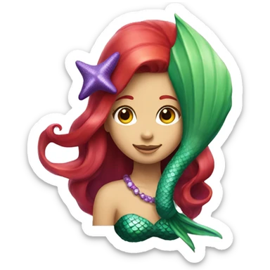 Mermaid with red hair, green tail, and purple seashell top sticker