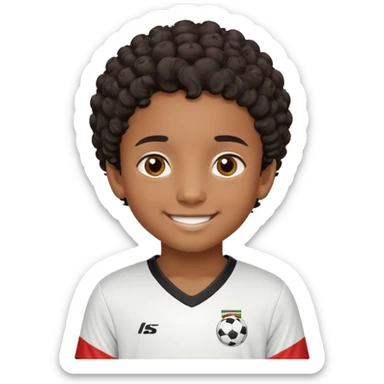 "- Nam
- 10 tuổi
- Da nâu
- Tóc ngắn, xoăn, đen
- Cười tươi
- Mặc áo bóng đá sticker