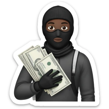 Man one Ski mask holding money bag with black skin color black and white money bag sticker