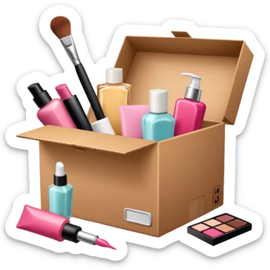 a cardboard box with assorted beauty products like compact, lotion, and nail polish spilling out sticker